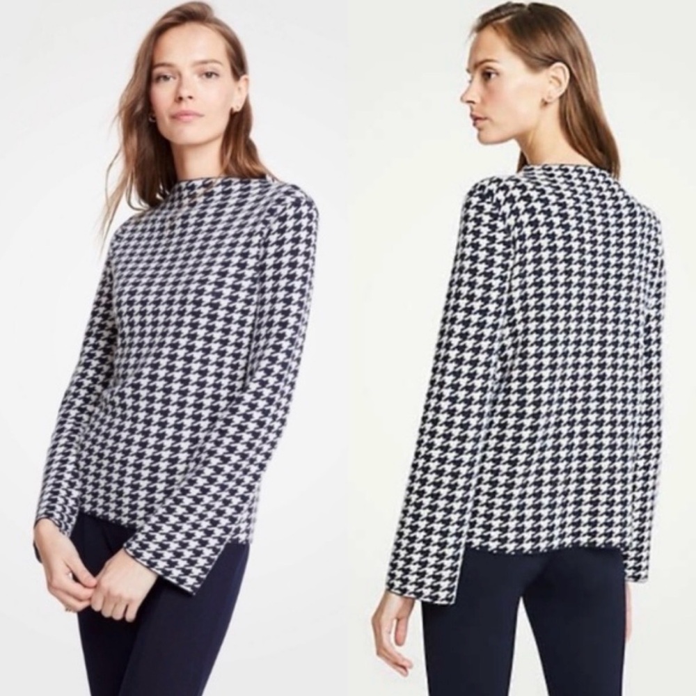 Ann Taylor Black & White Houndstooth Crew Neck Sweater
